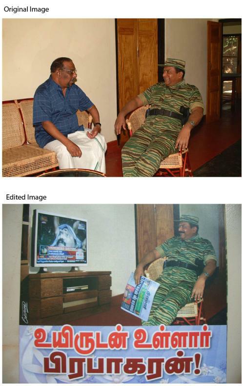 Prabakaran Watching His on death in TV ..Edited and Unedited Image! 